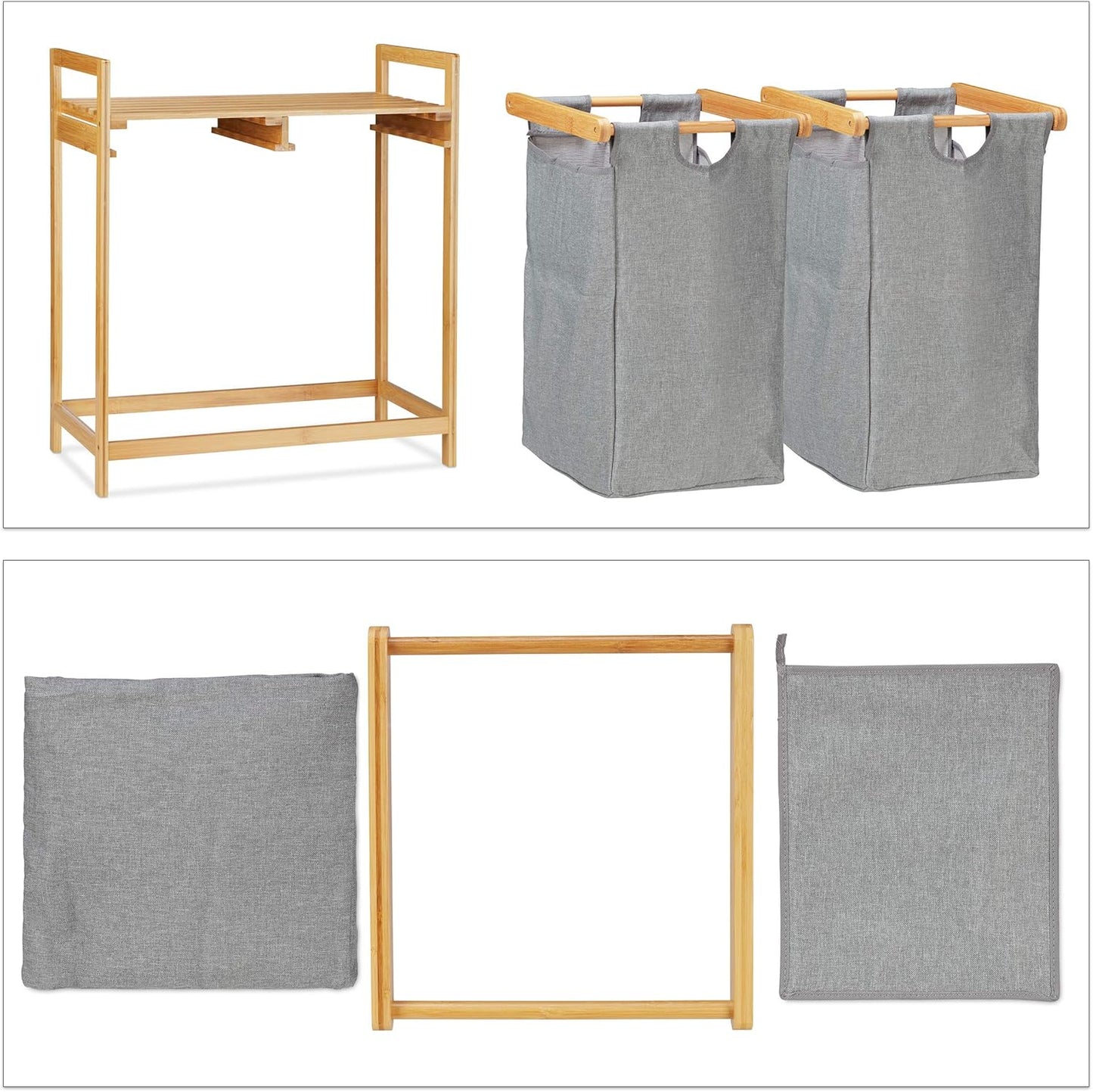 Panier à Linge Double Compartiment en Bambou – Rangement Salle de Bain 2x30L
