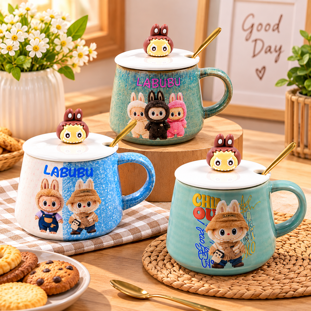 Mug en Céramique Labubu avec Couvercle et Cuillère Dorée 3 Modèles Colorés