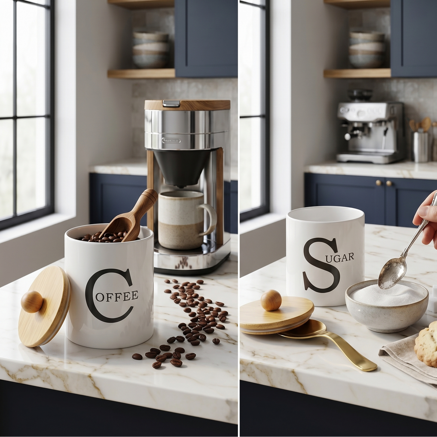Set de 3 Bocaux de Rangement en Céramique avec Couvercles en Bois – Sucre, Thé, Café – Blanc avec Base en Bois