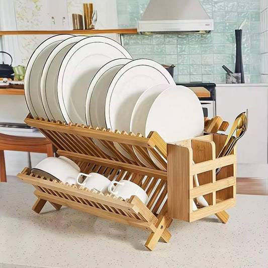 Égouttoir à Vaisselle Pliable en Bambou 2 Niveaux – Séchoir Vaisselle Écologique