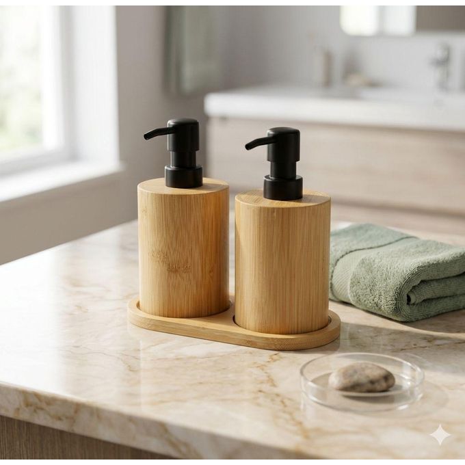 Distributeur Savon Liquide Double en Bambou – Set 2 Flacons avec Support pour Salle de Bain