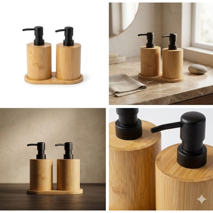 Distributeur Savon Liquide Double en Bambou – Set 2 Flacons avec Support pour Salle de Bain