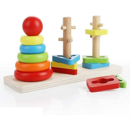 Jeu d'apprentissage tour d'anneaux arc-en-ciel en bois