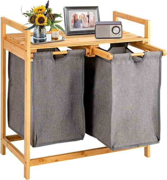 Panier à Linge Double Compartiment en Bambou – Rangement Salle de Bain 2x30L
