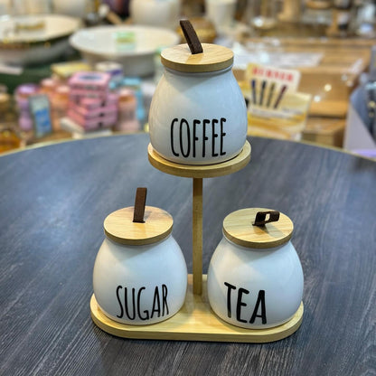 Set de Pots à Épices en Porcelaine avec Support – Organisateur Café, Sucre et Thé