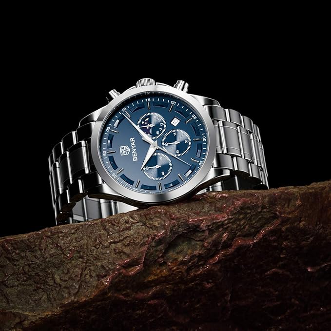 Montre Benyar chronographe analogique à quartz avec bracelet en acier inoxydable