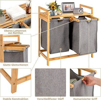 Panier à Linge Double Compartiment en Bambou – Rangement Salle de Bain 2x30L