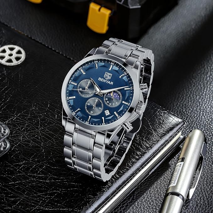Montre Benyar chronographe analogique à quartz avec bracelet en acier inoxydable