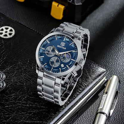Montre Benyar chronographe analogique à quartz avec bracelet en acier inoxydable