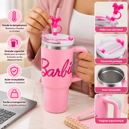 Gobelet Isotherme Barbie 1,6 L avec Paille et Poignée – Grande Capacité