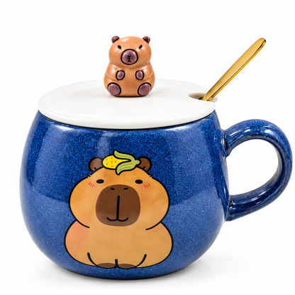 Mug en Céramique Ours avec Couvercle et Cuillère Dorée 3 Couleurs