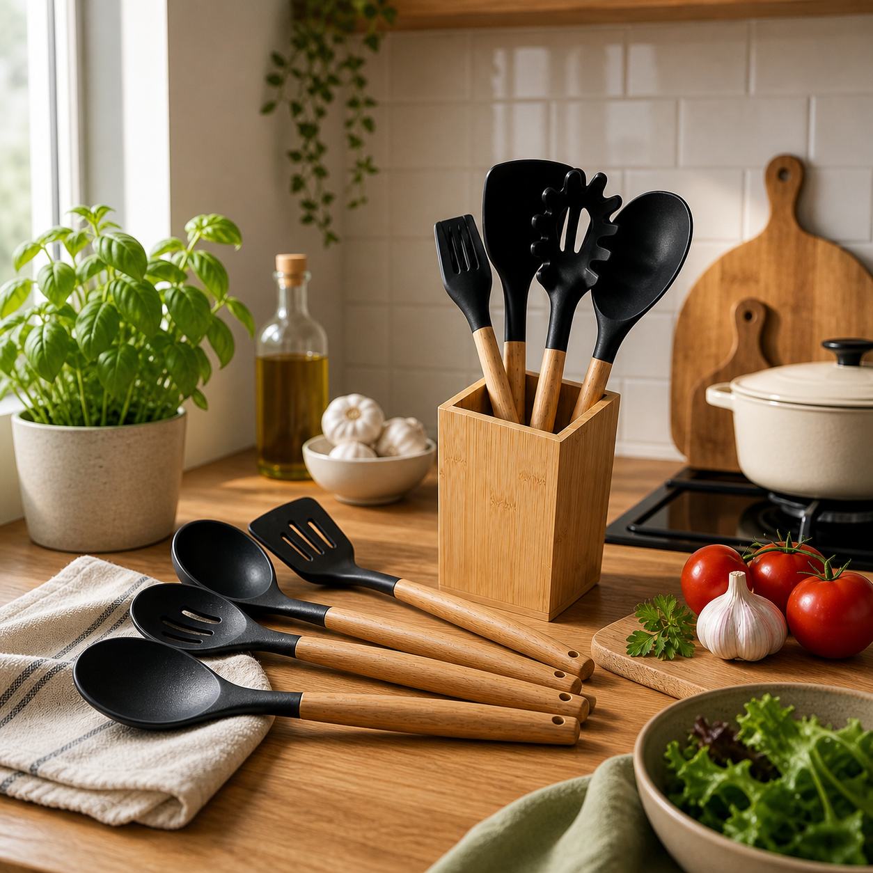 Ensemble de 9 pcs  ustensiles de cuisine en bambou