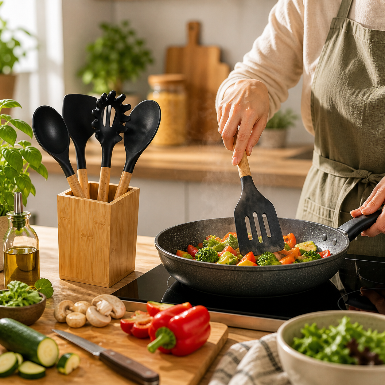 Ensemble de 9 pcs  ustensiles de cuisine en bambou