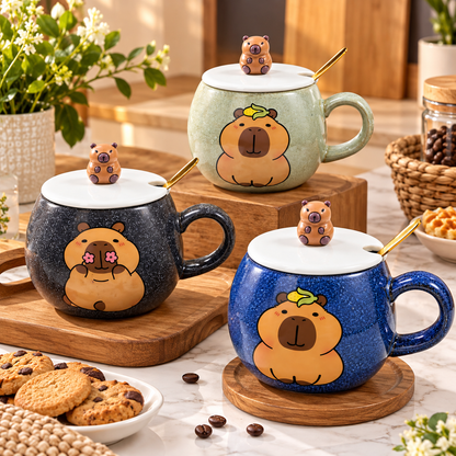 Mug en Céramique Ours avec Couvercle et Cuillère Dorée 3 Couleurs