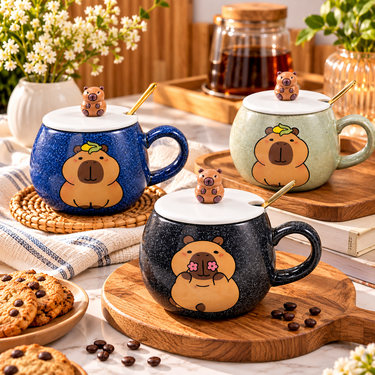 Mug en Céramique Ours avec Couvercle et Cuillère Dorée 3 Couleurs