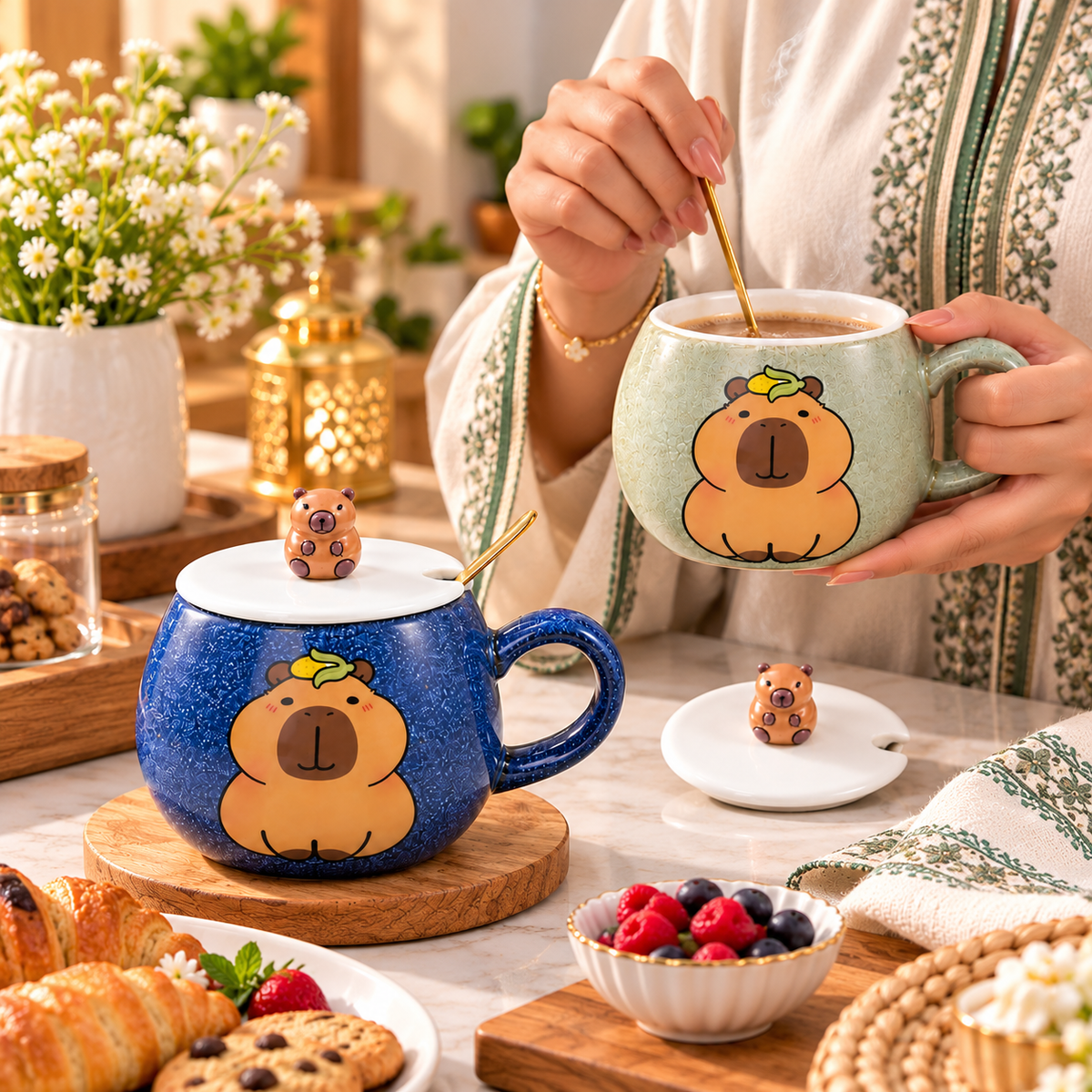 Mug en Céramique Ours avec Couvercle et Cuillère Dorée 3 Couleurs