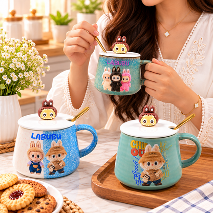 Mug en Céramique Labubu avec Couvercle et Cuillère Dorée  3 Modèles Colorés