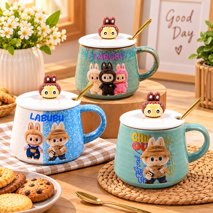 Mug en Céramique Labubu avec Couvercle et Cuillère Dorée  3 Modèles Colorés