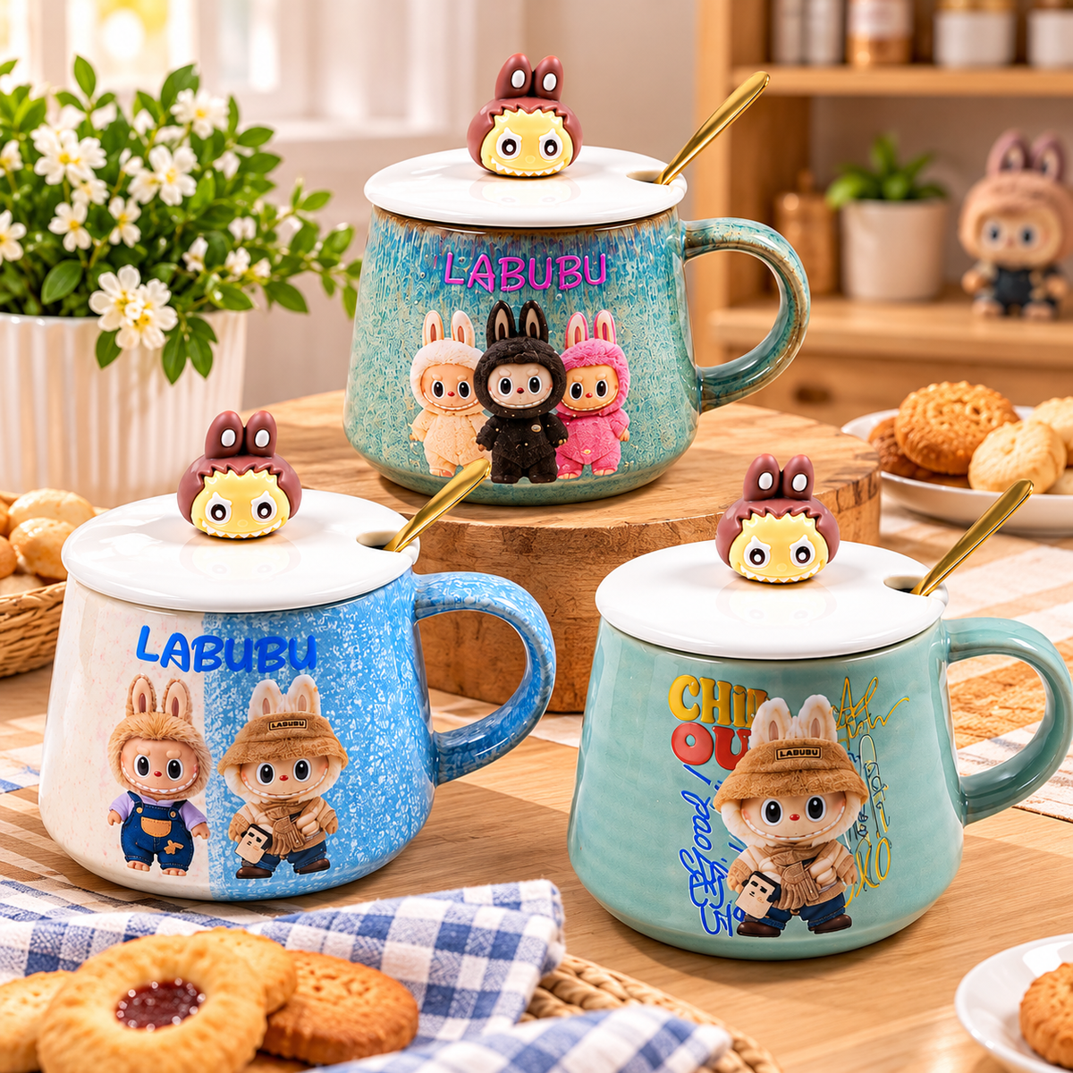 Mug en Céramique Labubu avec Couvercle et Cuillère Dorée  3 Modèles Colorés