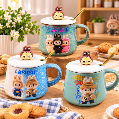 Mug en Céramique Labubu avec Couvercle et Cuillère Dorée  3 Modèles Colorés