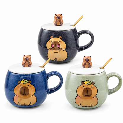 Mug en Céramique Ours avec Couvercle et Cuillère Dorée 3 Couleurs