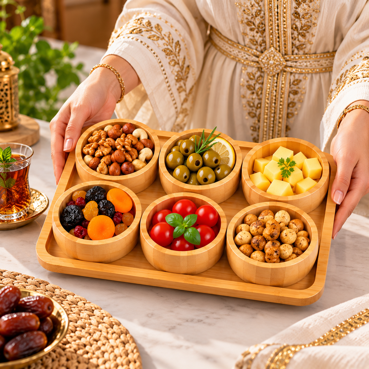 Plateau à Fruits Secs en Bambou avec Bols – Apéritif, Snacks & Service