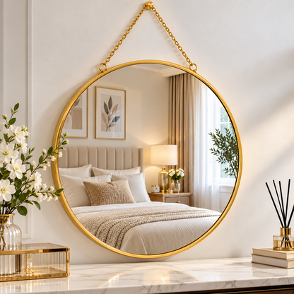 Miroir Rond Mural Doré avec Chaîne – Miroir Décoratif Élégant
