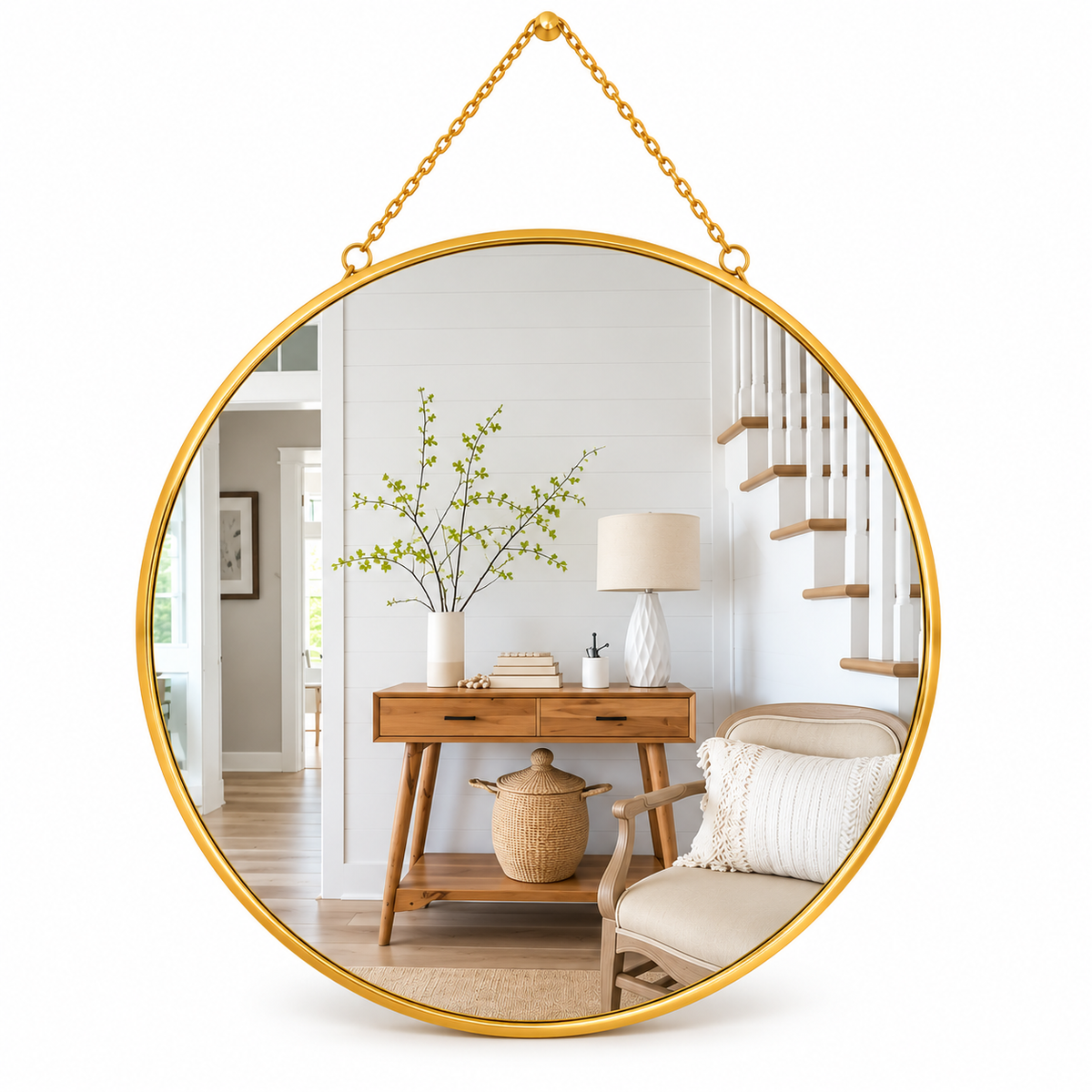 Miroir Rond Mural Doré avec Chaîne – Miroir Décoratif Élégant
