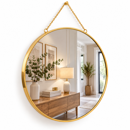 Miroir Rond Mural Doré avec Chaîne – Miroir Décoratif Élégant