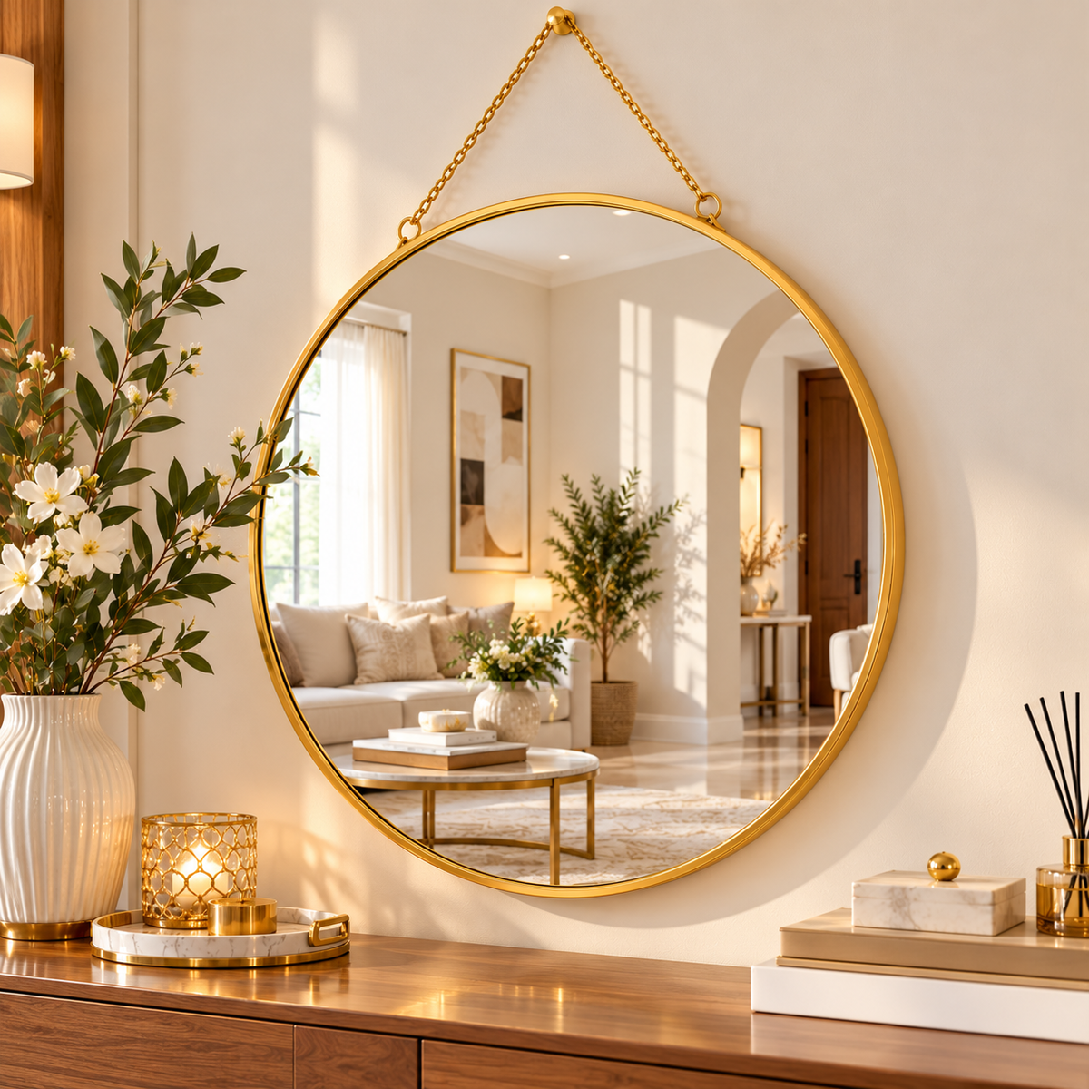 Miroir Rond Mural Doré avec Chaîne – Miroir Décoratif Élégant