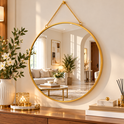 Miroir Rond Mural Doré avec Chaîne – Miroir Décoratif Élégant