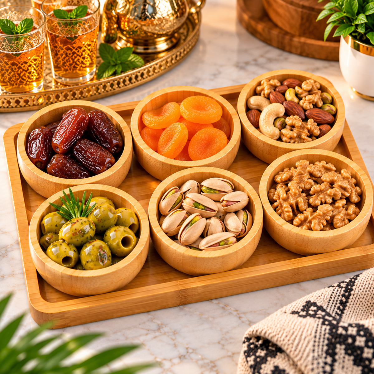 Plateau à Fruits Secs en Bambou avec Bols – Apéritif, Snacks & Service