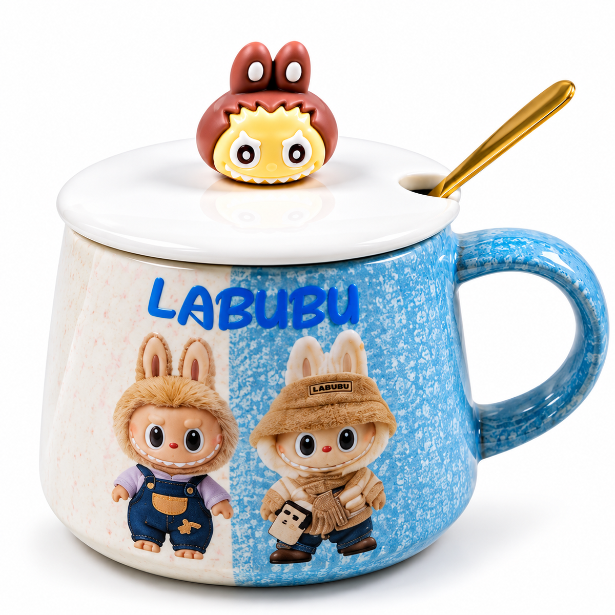 Mug en Céramique Labubu avec Couvercle et Cuillère Dorée  3 Modèles Colorés