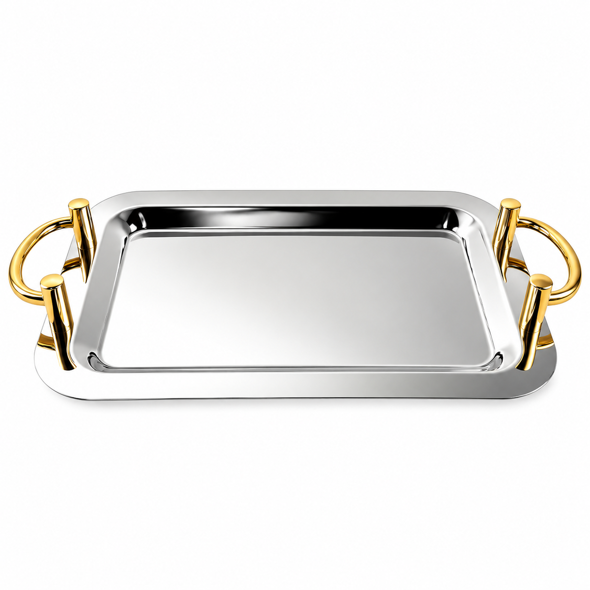 Plateau de Service Rectangulaire en Inox Poli – Poignées Dorées – Thé, Café et Réception