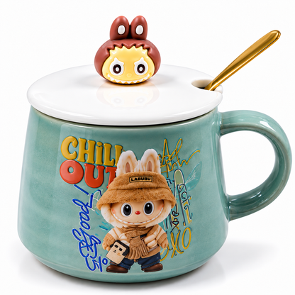 Mug en Céramique Labubu avec Couvercle et Cuillère Dorée  3 Modèles Colorés