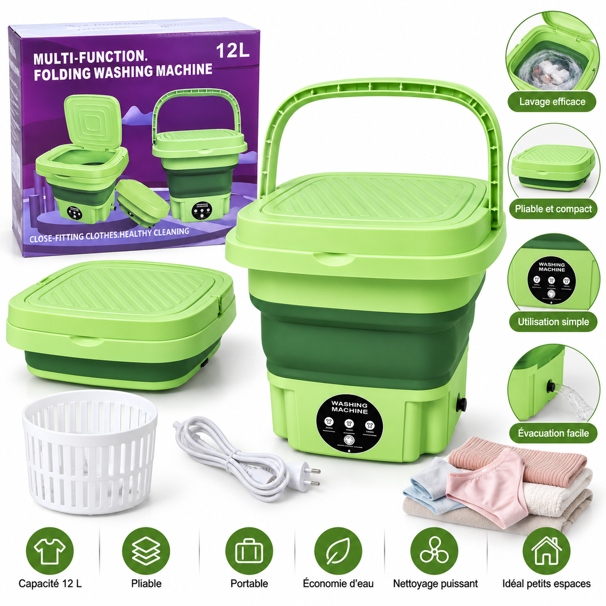 Machine à Laver Pliable Portable 12 L – Compacte, Multifonction et Gain de Place