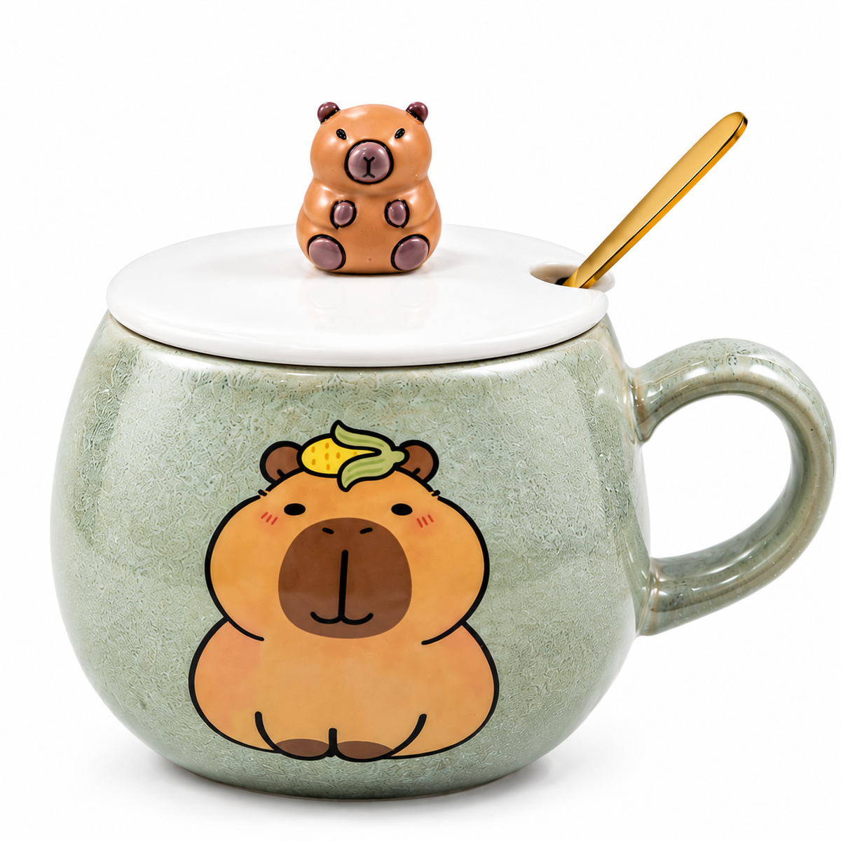 Mug en Céramique Ours avec Couvercle et Cuillère Dorée 3 Couleurs