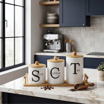 Set de 3 Bocaux de Rangement en Céramique avec Couvercles en Bois – Sucre, Thé, Café – Blanc avec Base en Bois