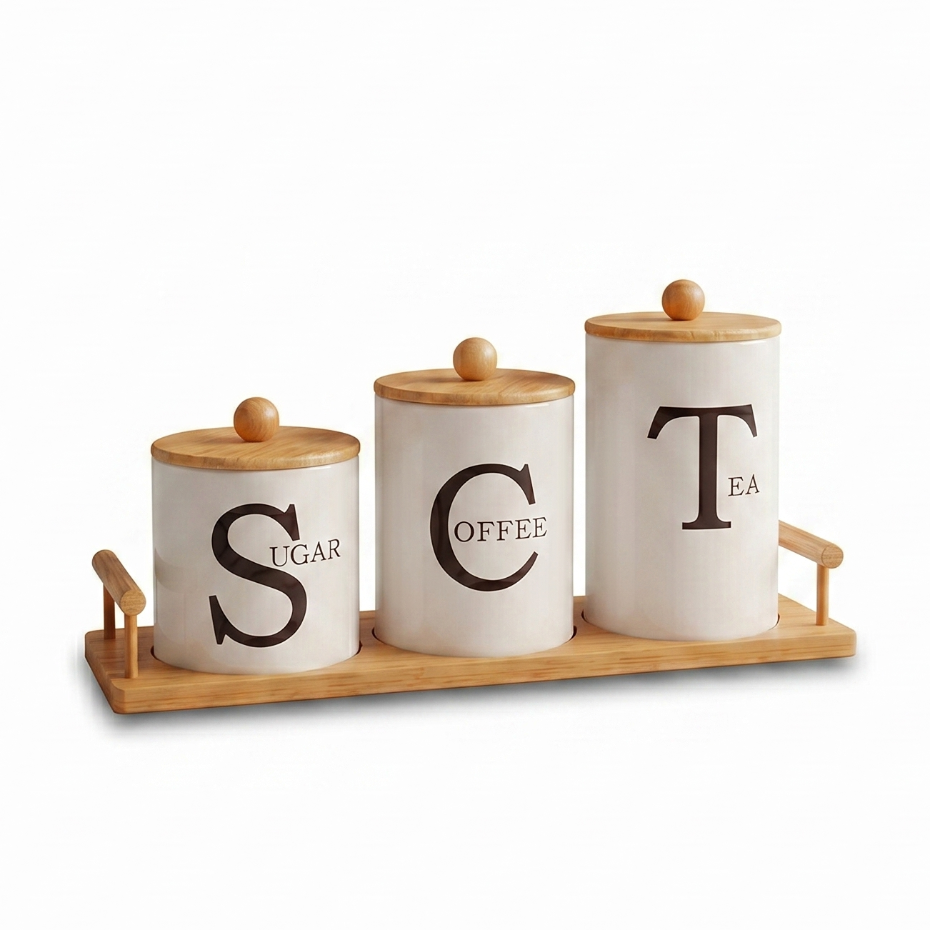Set de 3 Bocaux de Rangement en Céramique avec Couvercles en Bois – Sucre, Thé, Café – Blanc avec Base en Bois