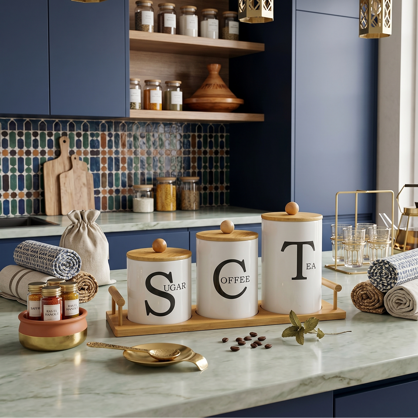 Set de 3 Bocaux de Rangement en Céramique avec Couvercles en Bois – Sucre, Thé, Café – Blanc avec Base en Bois