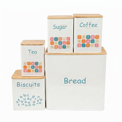 Set de 5 Boîtes de Rangement de Cuisine en Métal avec Couvercles en Bois – Design Élégant et Hermétique