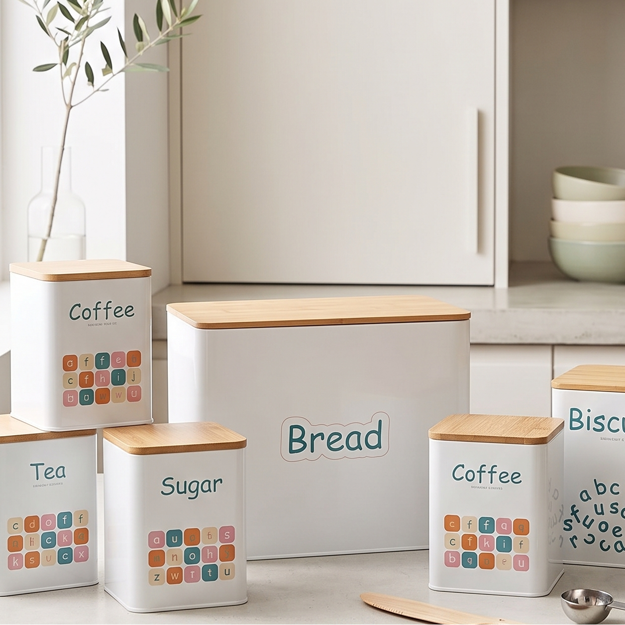 Set de 5 Boîtes de Rangement de Cuisine en Métal avec Couvercles en Bois – Design Élégant et Hermétique
