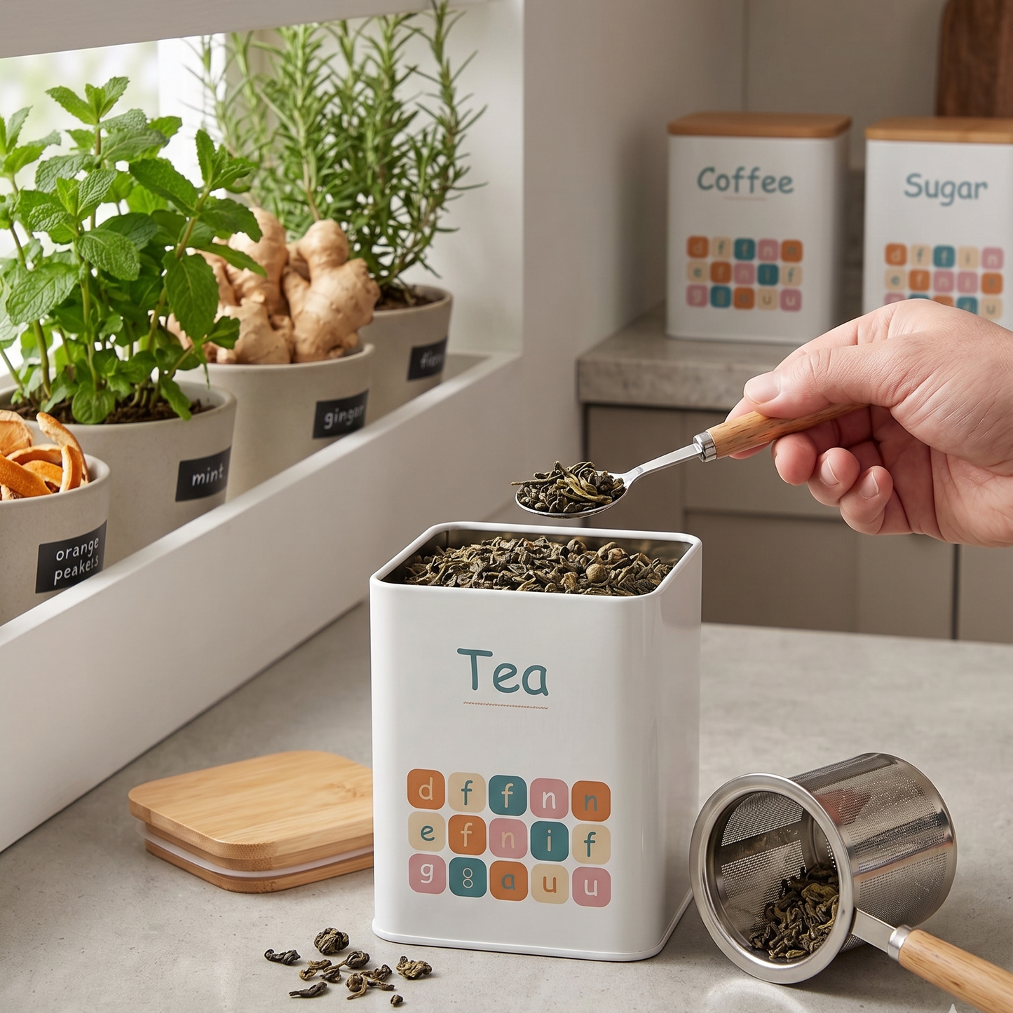 Set de 5 Boîtes de Rangement de Cuisine en Métal avec Couvercles en Bois – Design Élégant et Hermétique