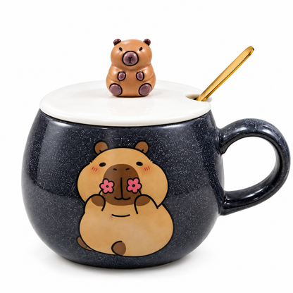 Mug en Céramique Ours avec Couvercle et Cuillère Dorée 3 Couleurs