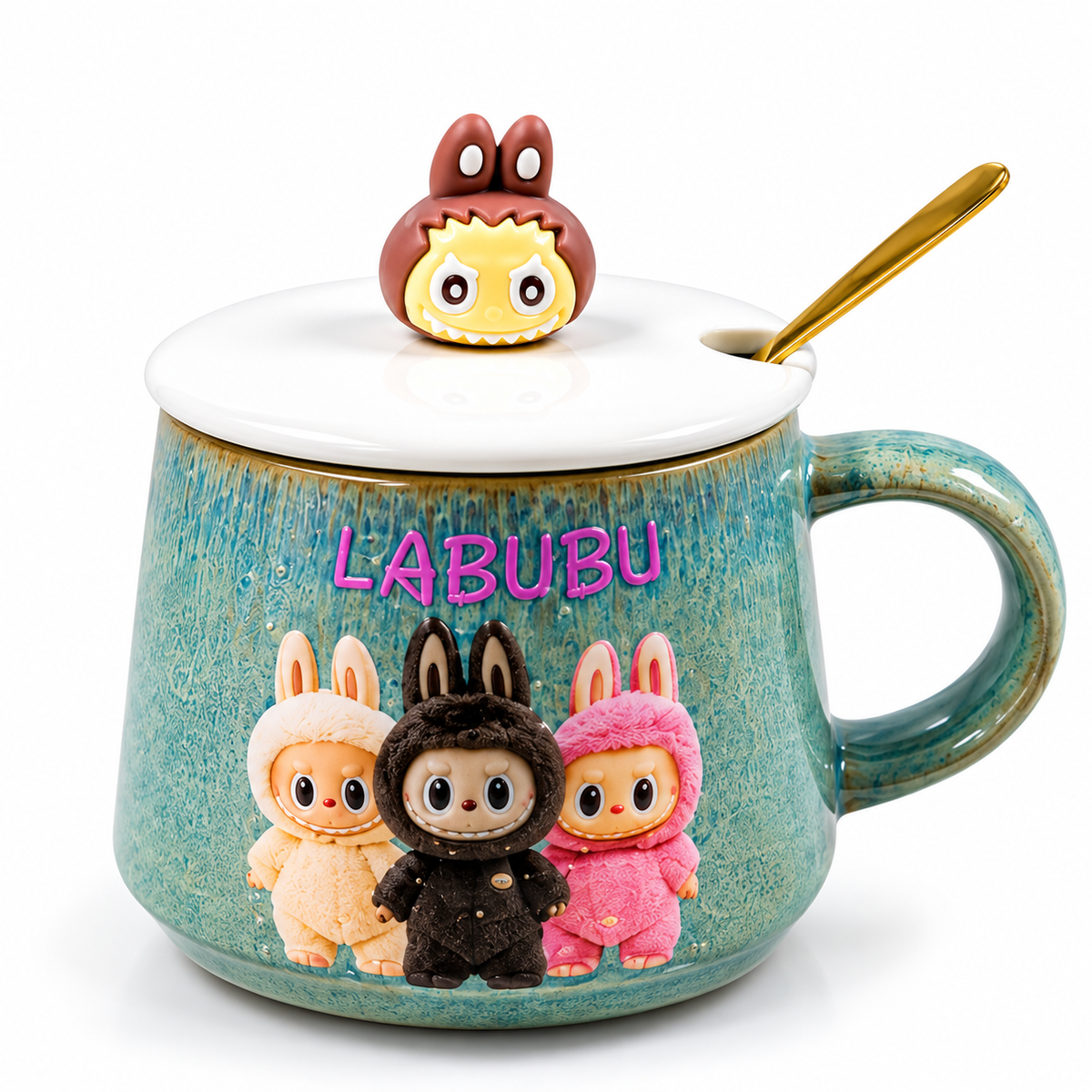 Mug en Céramique Labubu avec Couvercle et Cuillère Dorée  3 Modèles Colorés