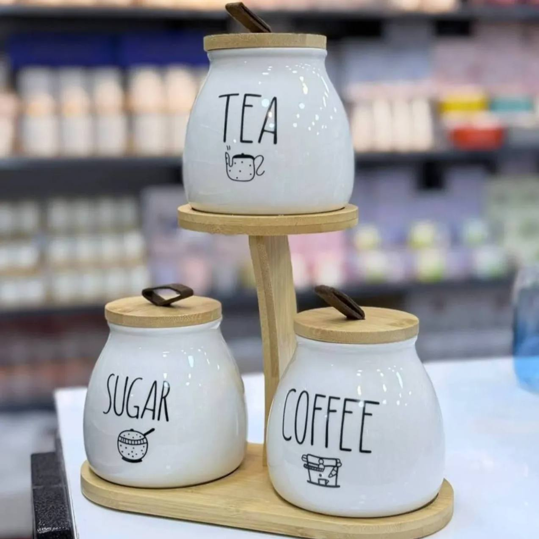 Set de Pots à Épices en Porcelaine avec Support – Organisateur Café, Sucre et Thé