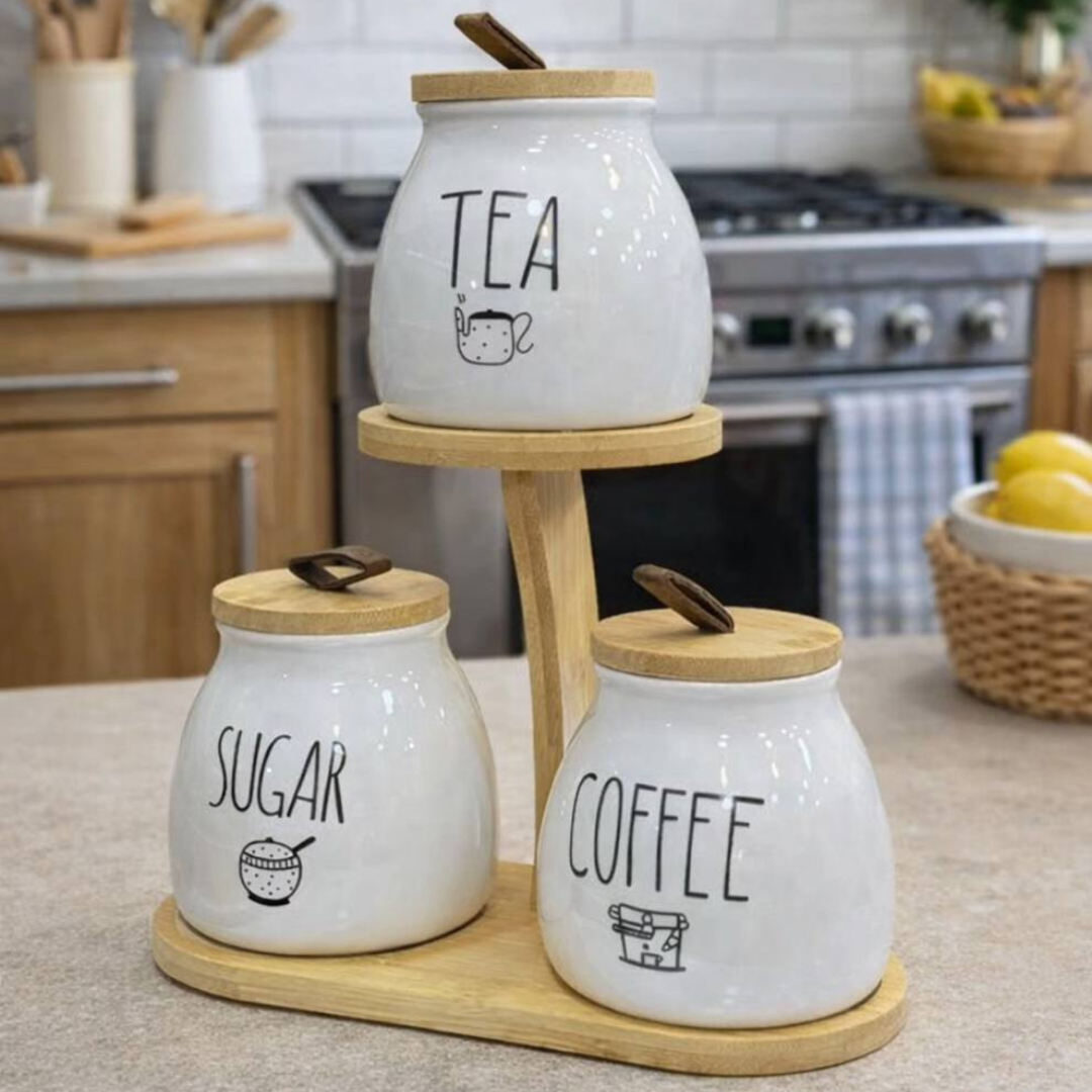 Set de Pots à Épices en Porcelaine avec Support – Organisateur Café, Sucre et Thé