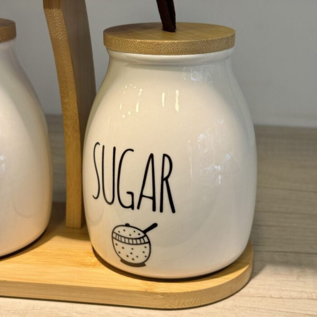 Set de Pots à Épices en Porcelaine avec Support – Organisateur Café, Sucre et Thé