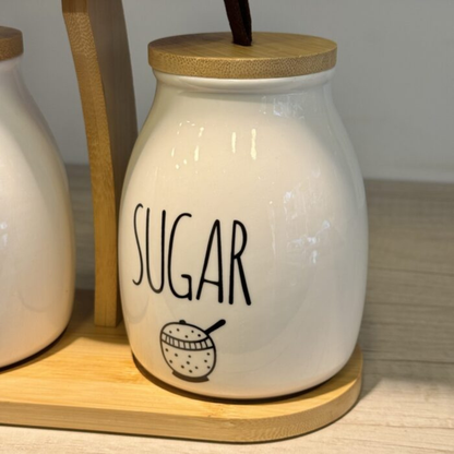 Set de Pots à Épices en Porcelaine avec Support – Organisateur Café, Sucre et Thé