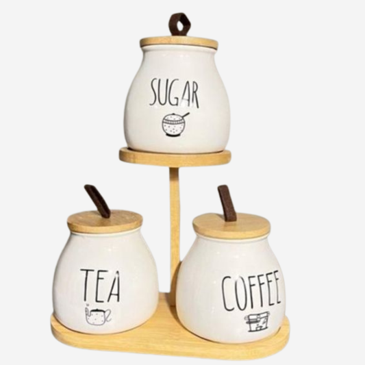 Set de Pots à Épices en Porcelaine avec Support – Organisateur Café, Sucre et Thé